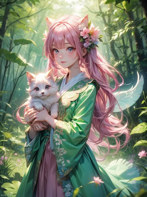  Top Quality、Magical forest with glowing flowers、pink hair、A forest overgrown with greenery、cute kemomimi fairy