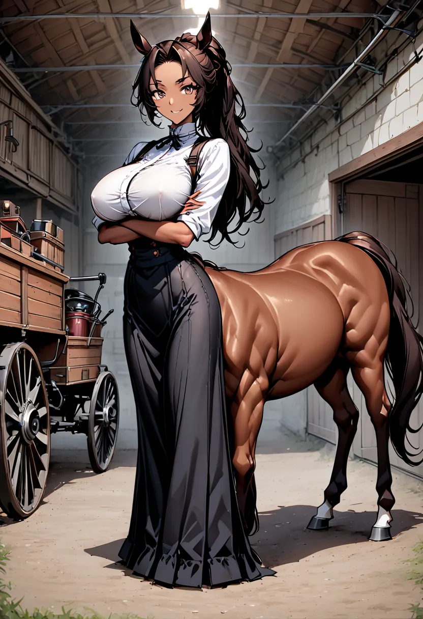 light tan skin, long hair, brown-black hair, ponytail, victorian era:0.5, huge breasts, very broad shoulders, muscular, slightly bulky body, hazel eyes, horse ears, bushy eyebrows, wide smile, servant, very tall female, coach, carts, garage, dingy working ...