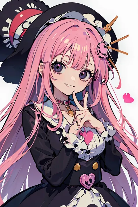 ((One Piece Perona)),1 girl, (Gothic Lolita),  cute clothes, pink hair near MM, ((Black Eyes Without Light )), has a bright smile, ribbon,((heart eye)),  solid color background,, colorful hair to hold a finger, Hair Arrangement, Tonality, romanticism, mode...