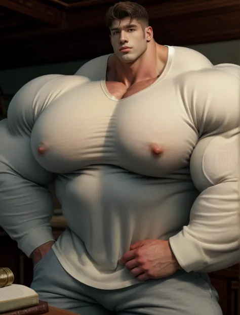 1boy, giant, alone, giant bodybuilder, illuminating light, strong body, bulk, large size, stay in the bookshelf room, indoor, wear white henley shirt with nipples bulge and tweed pants, massive bulge, bulge, extraordinary big, brutalmass, giant muscular bo...