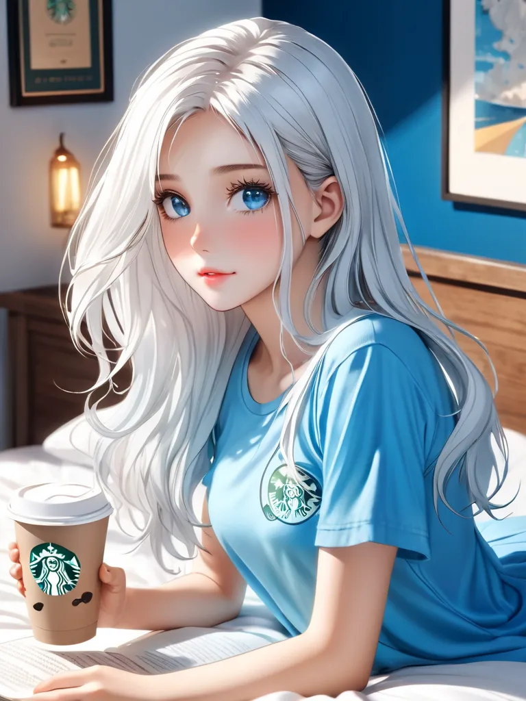 (((masterpiece,best quality))),((Good Construction ,Good composition,good atomy)),(( clear , original,beautiful)),1 girl,long hair,( White-Blue Theme:1.3),Aosha,See colors , Look Down,The girl with a Starbucks cup .A girl with a Starbucks paper cup  is dri...