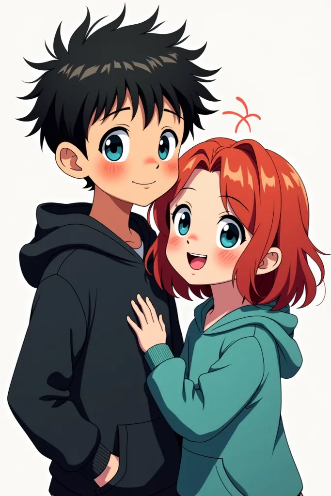 Une image de dessin animé manga, de deux enfants, l'un un garçon à la peau claire, au cheveux très courts , de couleur noire, au yeux bleu, avec un sweat à capuche noir et l'autre une fille à la peau claire, au cheveux court d'un côté et mis-long de l'autr...