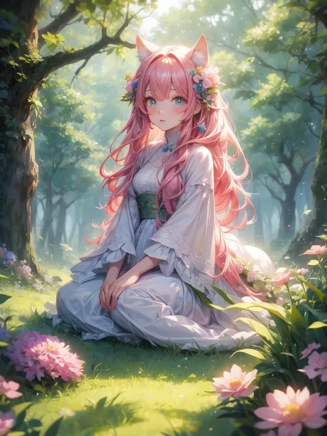  Top Quality、Magical forest with glowing flowers、pink hair、A forest overgrown with greenery、cute kemomimi fairy