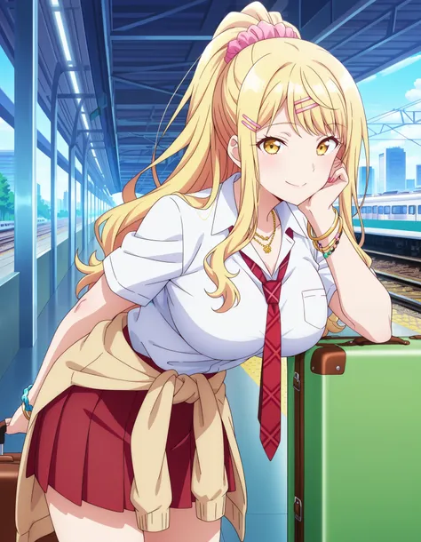 score_9, score_8_up, score_7_up, source_anime, himari ishikura, long hair, bangs, blonde hair, large breasts, hair ornament, yellow eyes, ponytail, hairclip, high ponytail, large breasts, anime screencap, skirt, shirt, jewelry, school uniform, white shirt,...