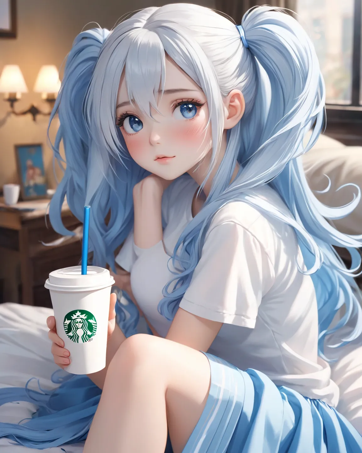 (((masterpiece,best quality))),((Good Construction ,Good composition,good atomy)),(( clear , original,beautiful)),1 girl,long hair,( White-Blue Theme:1.3),Aosha,See colors , Look Down,The girl with a Starbucks cup .A girl with a Starbucks paper cup  is dri...