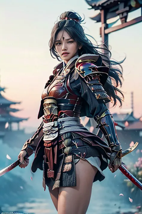  Sexy female character dressed as a warrior from the Sengoku period 、((toned body))、 toned body、The hair is cherry colored、 a sexy female character dressed as a warrior from the Sengoku period 、 The sakura-colored armor with a cherry blossom pattern engrav...