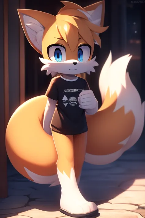 High quality artistic masterpiece result 3_ large tail small ears short hair blue eyes fur Fox blue veins shirt shirt star Logo bell bell neck cinematic snap 