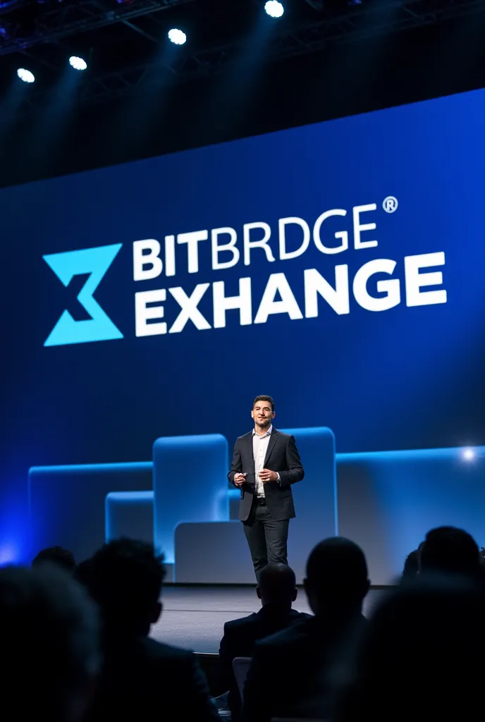 “A well-dressed man in a modern suit is standing on a large, well-lit stage, delivering a speech at a launch event. The stage has a professional and futuristic design with blue and white lighting. Behind him, a massive LED screen prominently displays the e...