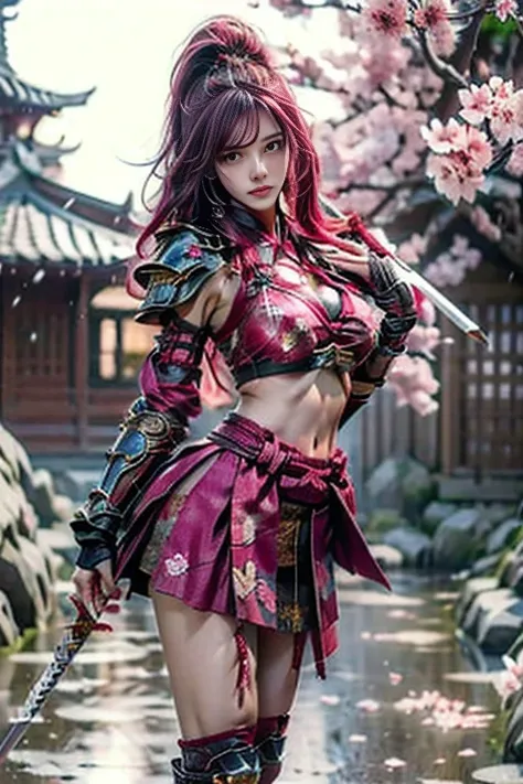  Sexy female character dressed as a warrior from the Sengoku period 、 pink hair、((toned body))、 toned body、 a sexy female character dressed as a warrior from the Sengoku period 、 The sakura-colored armor with a cherry blossom pattern engraved on it is biki...