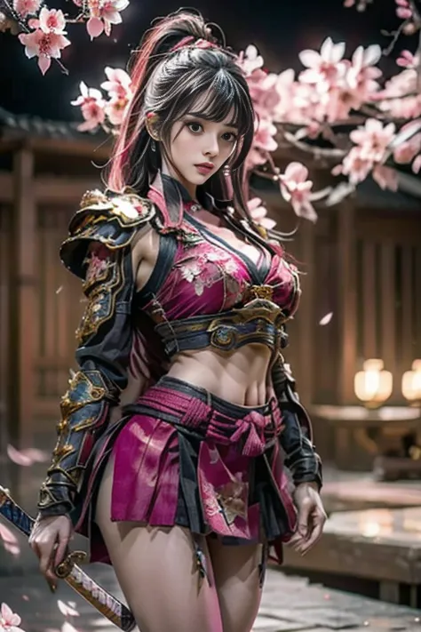  Sexy female character dressed as a warrior from the Sengoku period 、 pink hair、((toned body))、 toned body、 a sexy female character dressed as a warrior from the Sengoku period 、 The sakura-colored armor with a cherry blossom pattern engraved on it is biki...