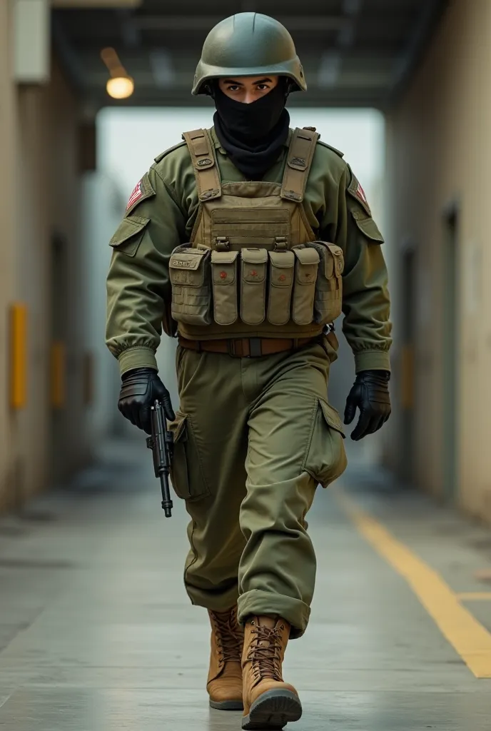 A 20 year old Palestinian man, classic combat helmet typical of the Israeli army, a buff mask that covers the mouth and neck, the typical Israeli army green color, the long-sleeved uniform typical of the Israeli army, bulletproof vest typical of the Israel...