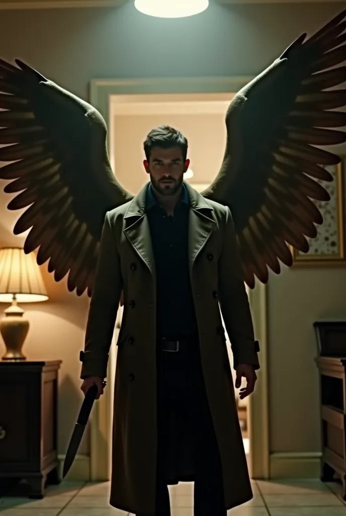 arafed man in a trench coat holding a knife in a room, supernatural, iconic shot, lucifer, metatron, big angel wings wide open, angel protecting man, low angel, wings spread, epic angel wings, to fathom hell or go angelic, dean winchester, promo still, hug...