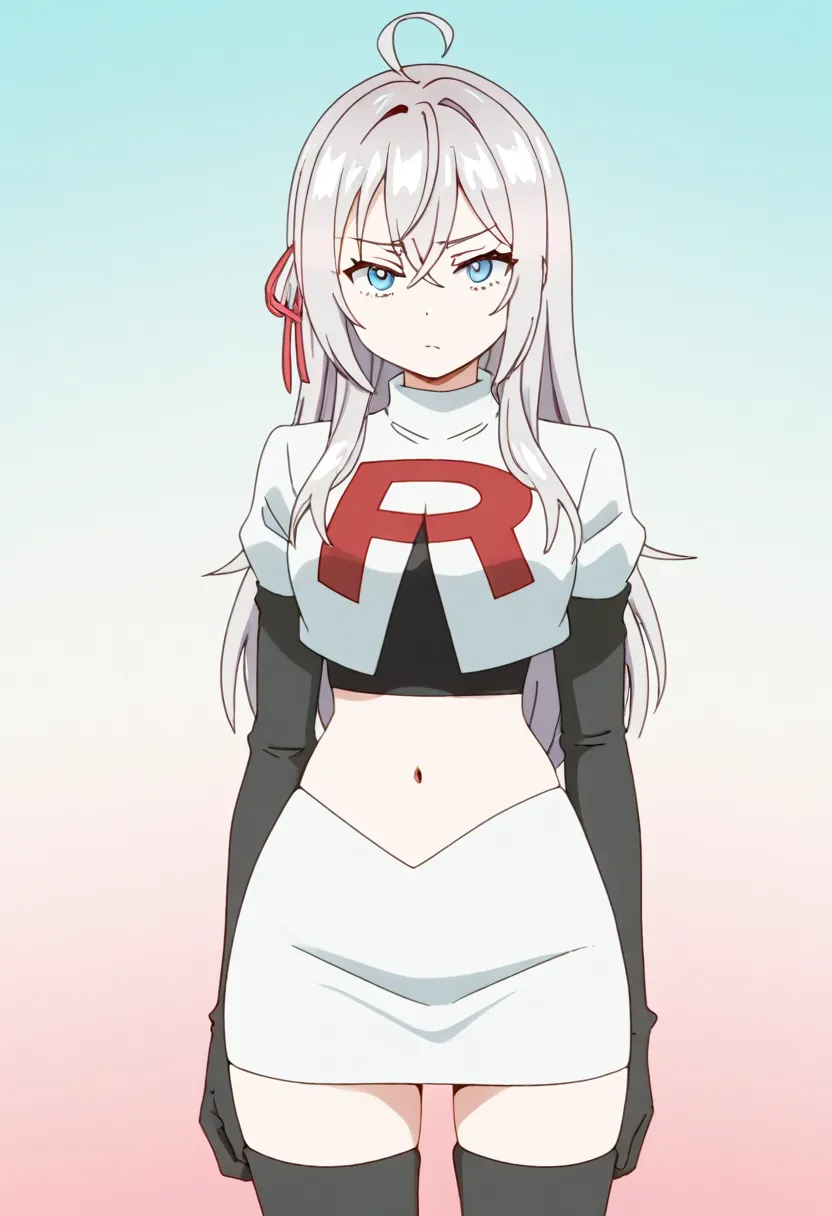 masterpiece, best quality, amazing quality,
1girl, solo, looking at viewer, gradient background, 
long hair, silver hair, ahoge, crossed bangs, red hair ribbon, sidelocks, blue eyes,
team rocket,team rocket uniform,white skirt,red letter R,crop top,black t...