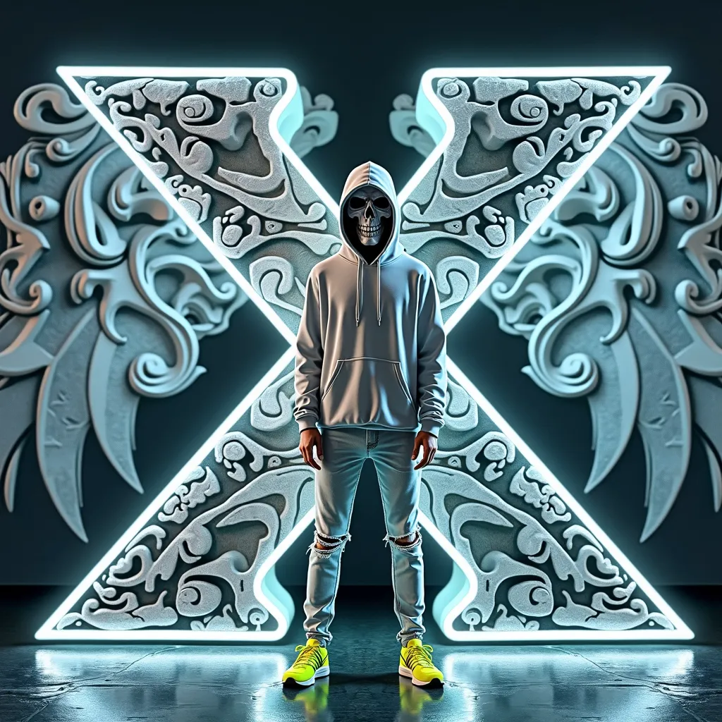 A young, light-skinned male figure stands centered within a large, stylized "X" shape. The "X" is outlined in vibrant neon blue light, and intricate, ornate patterns and decorative elements, resembling broken or carved stone, adorn its surface.  Large, det...