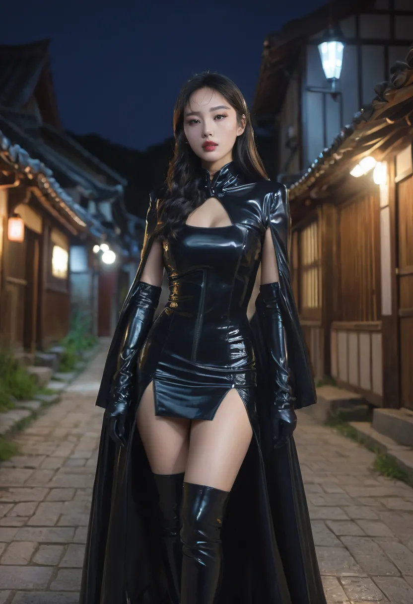 portrait south korea women hood up latex coat with long sleeve cape and latex long wide Skater skirt very higth latex heel and latex gloves equipped hidden blade in medieval south korea village in summer at night, and walk ,4K sophisticated and highly deta...