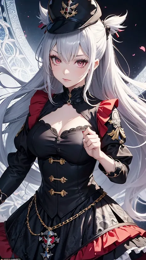 An anime-style medium shot of a gothic-lolita style HARLEY QUINNwith long, silver hair tied with a black ribbon. She has large, red eyes with a delicate glow, reflecting her determination. She wears a black and red military-style uniform and a cap with gol...