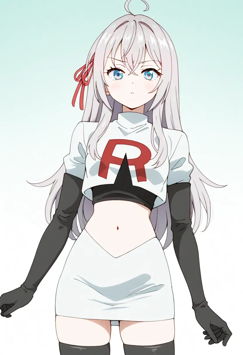 masterpiece, best quality, amazing quality,
1girl, solo, looking at viewer, gradient background, 
long hair, silver hair, ahoge, crossed bangs, red hair ribbon, sidelocks, blue eyes,
team rocket,team rocket uniform,white skirt,red letter R,crop top,black t...