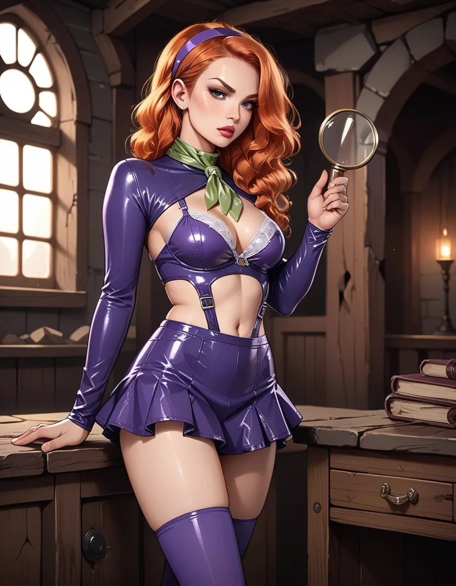 score_9, score_8_up, score_7_up, score_6_up, score_5_up, score_4_up, source_anime, 1girl, makeup, lipstick, long ginger hair, looking at viewer, hud_dphne, navel, purple latex leotard, skirt, bra, clothing cutout, long sleeves, thighhighs, shiny clothes, h...