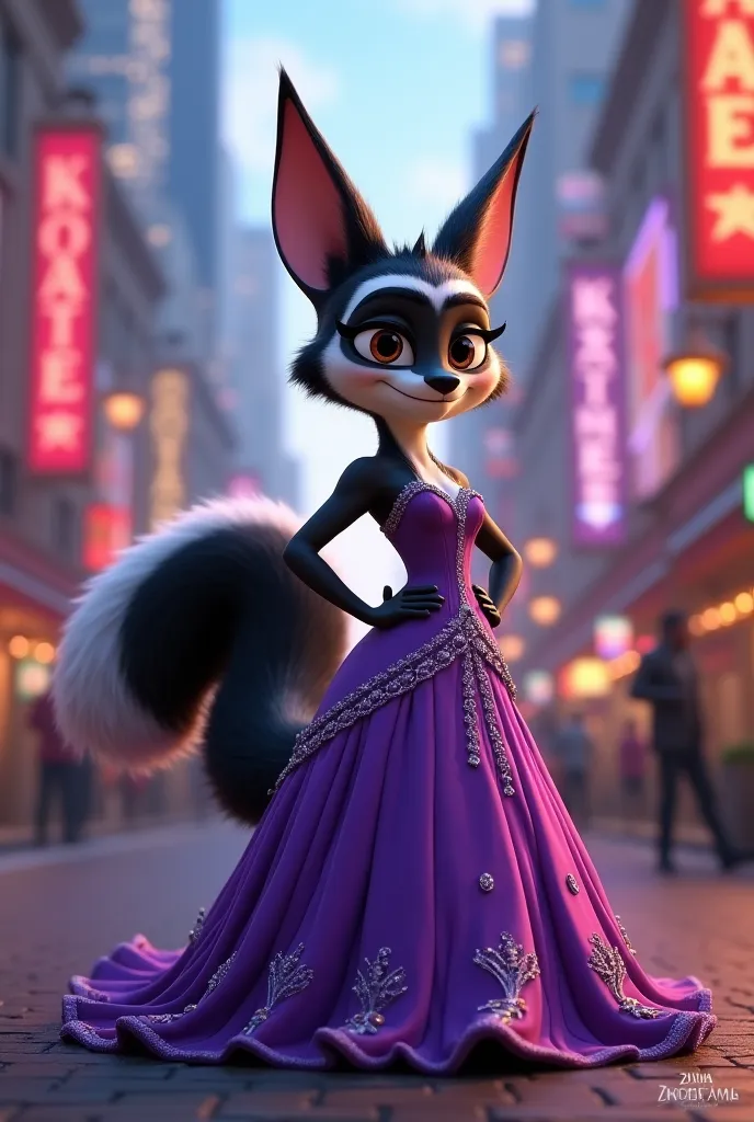 A female skunk Zootopia with a purple dress