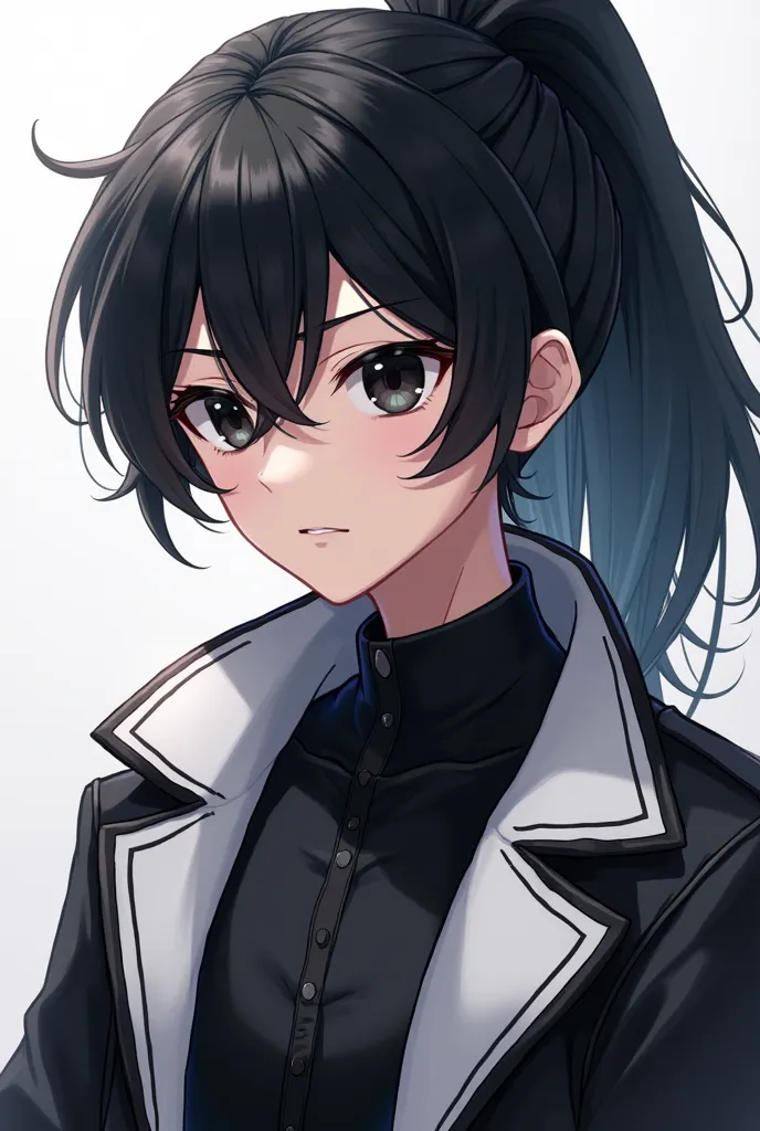 Anime boy with black eyes, hair up to his shoulder with a ponytail and elegant clothes in black and white leather 