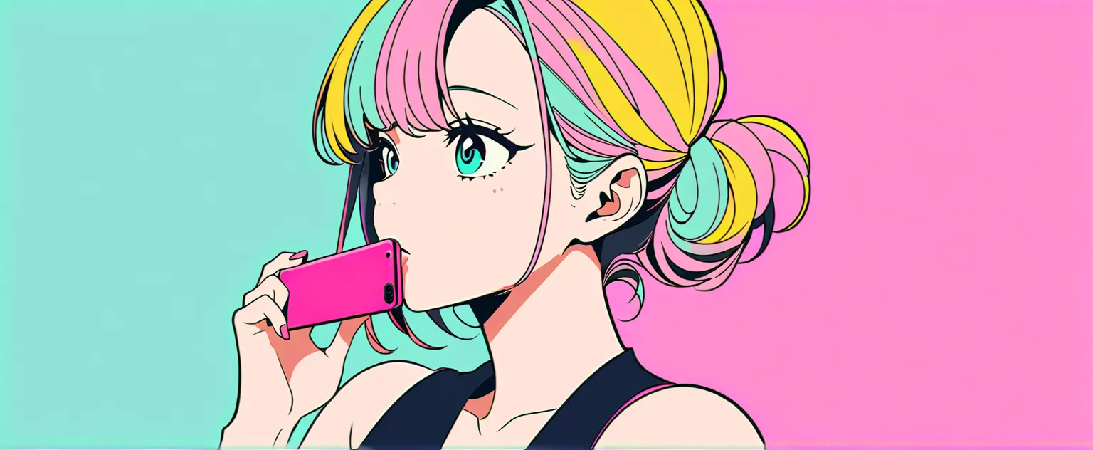 (masterpiece, best quality:1.1), (ultra highres, ultra-detailed:1.2),pop-art,(pastel color,flatcolor),girl doing hush pose,hush-hush,(in secret base background),minimal design,BREAK yo,japanese cutie, with a cell phone in hand, anime style