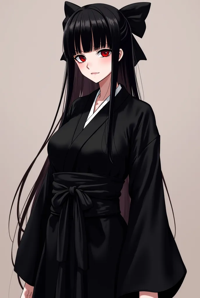 Create a female Bleach character with a youthful appearance. A dark red-eyed Shinigami, Straight hair, long and deep black, bow with fringe, pale,  expressionless face .  outfit Make it full body. 1,70 of height, thin, hourglass body, abdomen, defined arms...