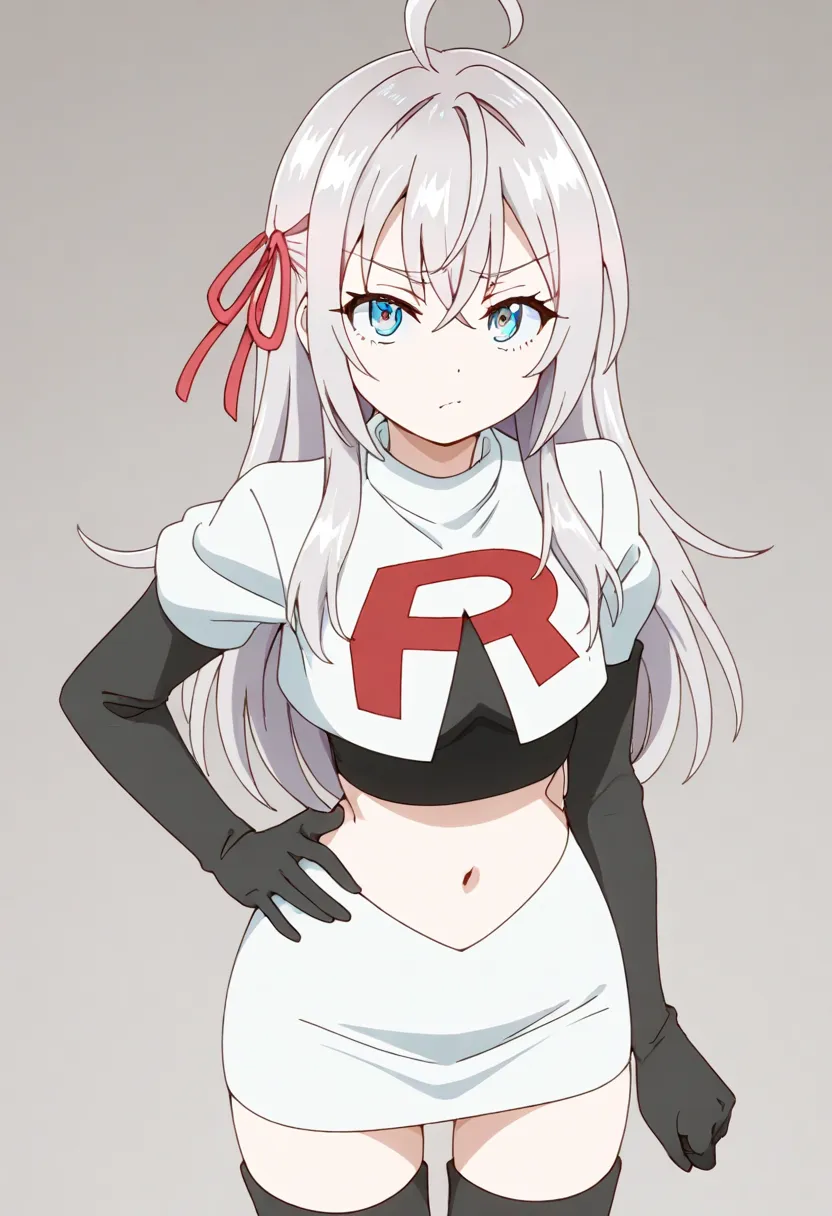 masterpiece, best quality, amazing quality,
1girl, solo, looking at viewer, gradient background, 
long hair, silver hair, ahoge, crossed bangs, red hair ribbon, sidelocks, blue eyes,
team rocket,team rocket uniform,white skirt,red letter R,crop top,black t...