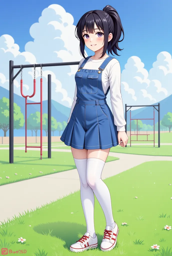 masterpiece, best quality, delicate illustration, newest, very aesthetic, sharp focus, perfect anatomy, nsfw, masterpiece, best quality,
solo, (loli:1.3), ponytail, hime cut, black hair,  full body, smile, long sleeves shirt, overall skirt, thigh-high sock...