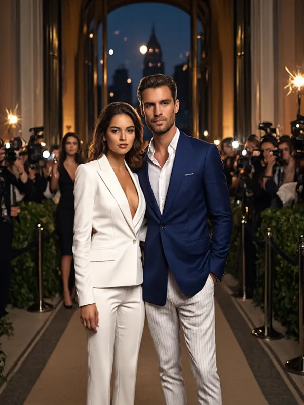 A **high-class New York City charity gala driveway. It's very night time. **, and flashing cameras. The grand venue looms behind them—glass, gold, and elegance—while paparazzi crowd at the velvet ropes, their cameras capturing the power couple stepping ont...