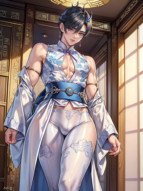 (masterpiece,best quality,ultra_detailed,highres,absurdres), (detailed shadow), (quality light), 1 (slim, slender young_idol_male:2.1) (korean_male:1.8) (with bulge:1.5), 15-ish, (muscleale focus), (solo:1.5), short black Quiff hair with Soft Fringe (bangs...