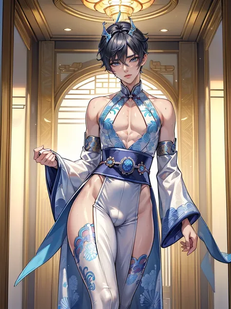 (masterpiece,best quality,ultra_detailed,highres,absurdres), (detailed shadow), (quality light), 1 (slim, slender young_idol_male:2.1) (korean_male:1.8) (with bulge:1.5), 15-ish, (muscleale focus), (solo:1.5), short black Quiff hair with Soft Fringe (bangs...