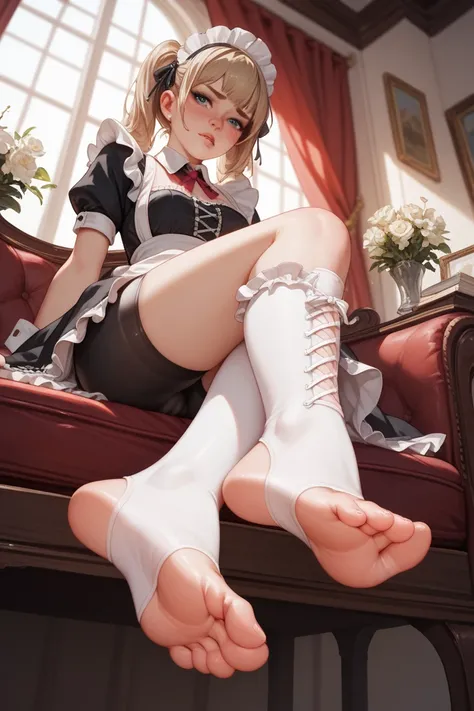 1 girl, maid, sitting, frilled socks, from below, soles, embarrassed, bike shorts, pouty lips, toeless legwear, cross-laced legwear, masterpiece, best quality, uncensored