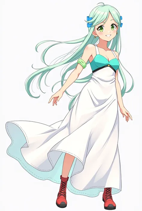 Physical Appearance and Style:
 * skin and hair: Strata has sun-tanned skin and peculiar green hair with bluish stripes arranged horizontally that reach up to her shoulders.. Her bangs fall to the right, adding a distinctive touch to her appearance.
 * Eye...