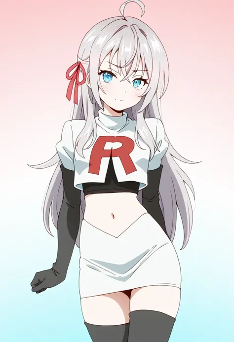 masterpiece, best quality, amazing quality,
1girl, solo, looking at viewer, gradient background, 
long hair, silver hair, ahoge, crossed bangs, red hair ribbon, sidelocks, blue eyes,
team rocket,team rocket uniform,white skirt,red letter R,crop top,black t...