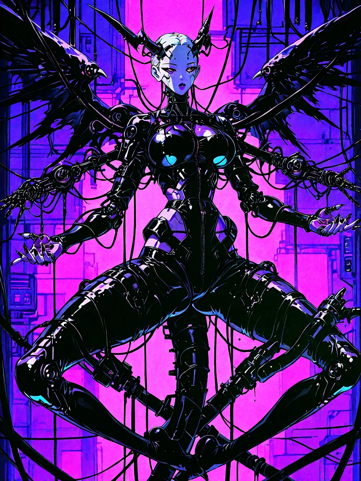 front view: Chica demonio, purple skin, black wings ,Horns, TAIL,  four arms , extremely long legs, latex costume,  robotic circuits , big breasts, devices futuristic, (( suspended by electrical cables ))(meditation pose), circuits, blood. Background: cybe...