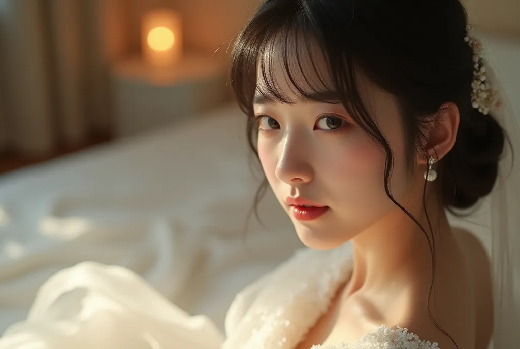 Realistic images、   Korean beauty   , Highly realistic 8k photo,asian korean girl,  long hair with bangs , Wearing dress wedding at bed, close up,  lighting room