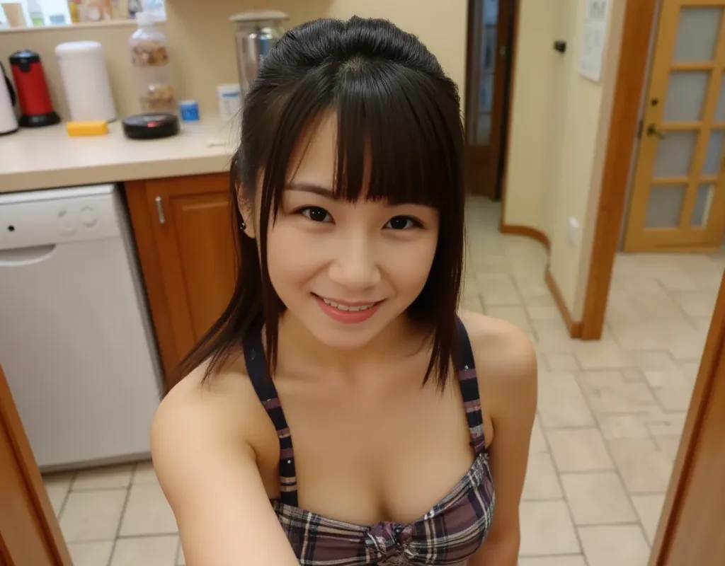 (Real, Photo realistic), 1 girl, Asian, ponytail, (Up skirt), camisole, Standing, In the kitchen,  plaid 、skirt、 full body shot、shot from above、