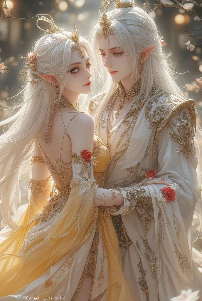 Make an elf female character long white hair finely unraveled and my eyes are blue easy like diamonds and look beautiful and sexy and enchanting and look beautiful 

Seated pose ,  Princess dress in soft yellow color is very elegant and sexy has red rose f...