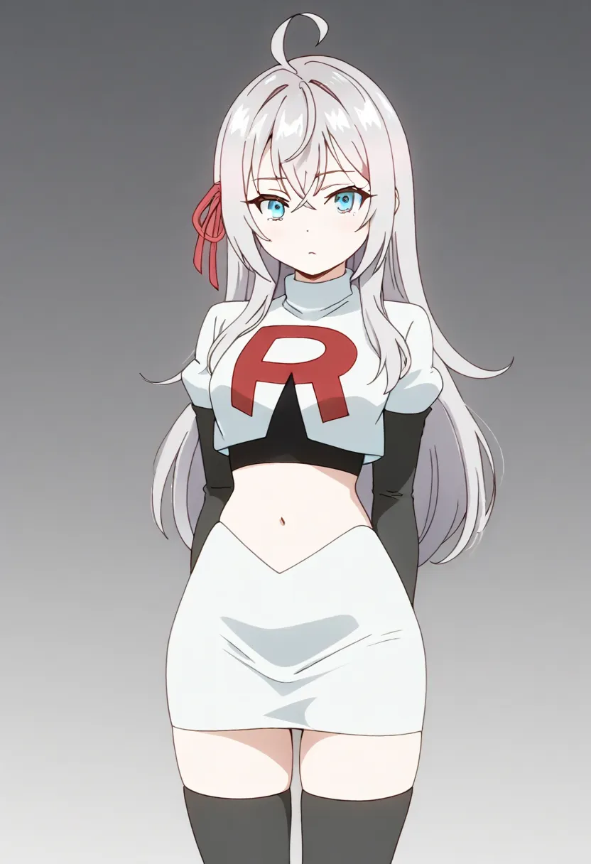 masterpiece, best quality, amazing quality,
1girl, solo, looking at viewer, gradient background, 
long hair, silver hair, ahoge, crossed bangs, red hair ribbon, sidelocks, blue eyes,
team rocket,team rocket uniform,white skirt,red letter R,crop top,black t...