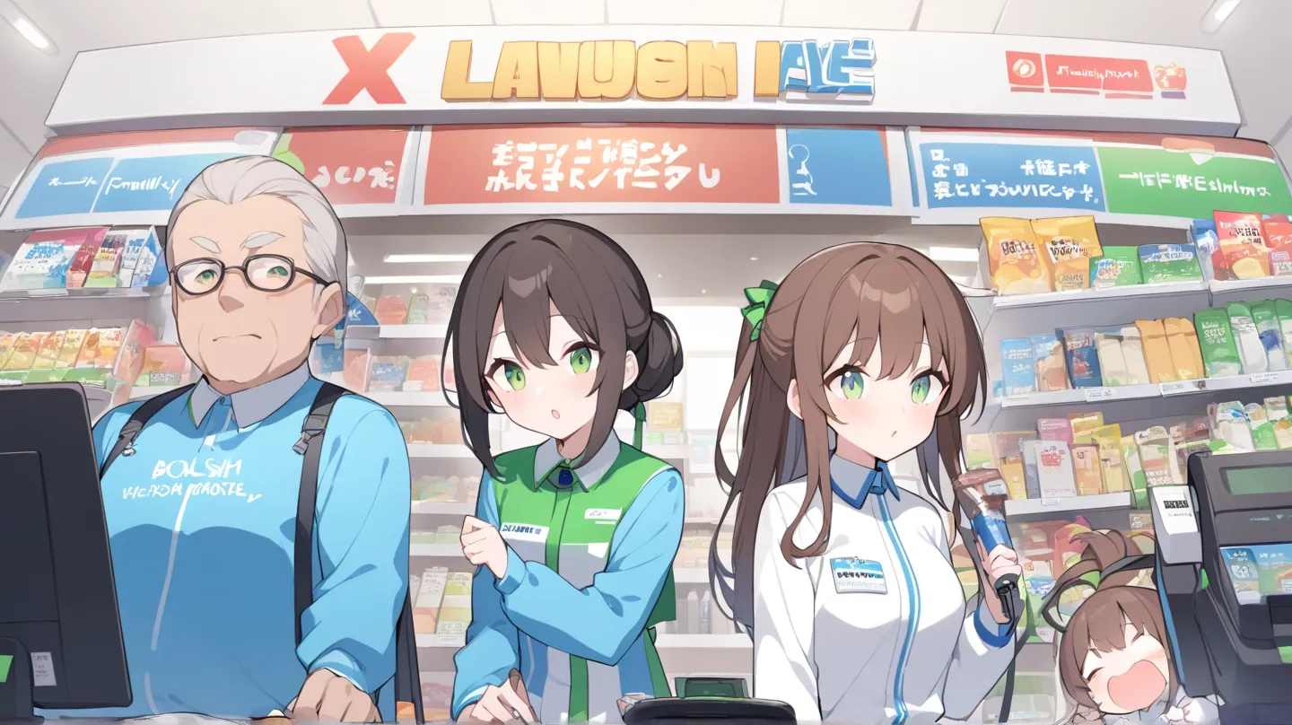 Girl working at convenience store、is facing the front、combines a FamilyMart uniform with a Lawson uniform、Standing still、(female college student)、 no background、hair brown、Light green eyes、Semi-long hairstyle、half up、A  with an energetic personality、The pe...