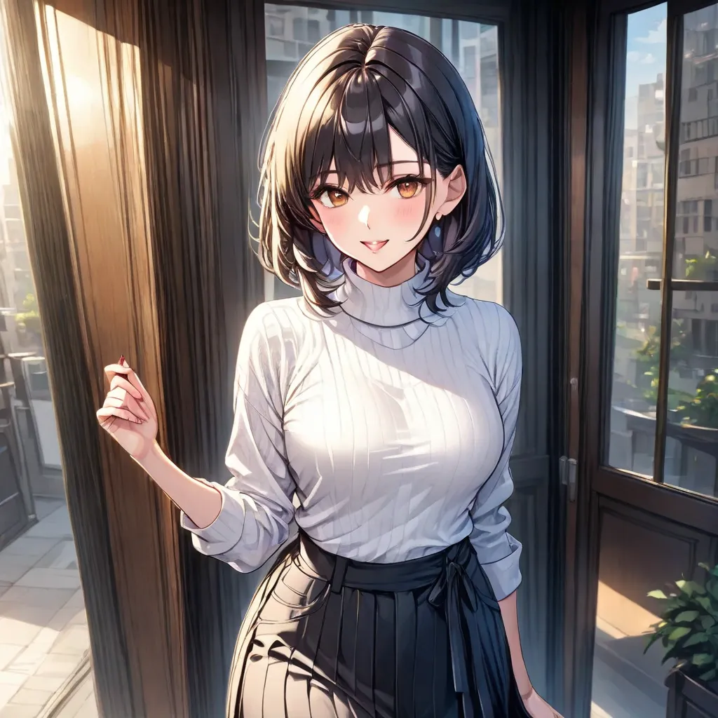 Black-haired beauty"Haruna", white turtleneck with gray long skirt
