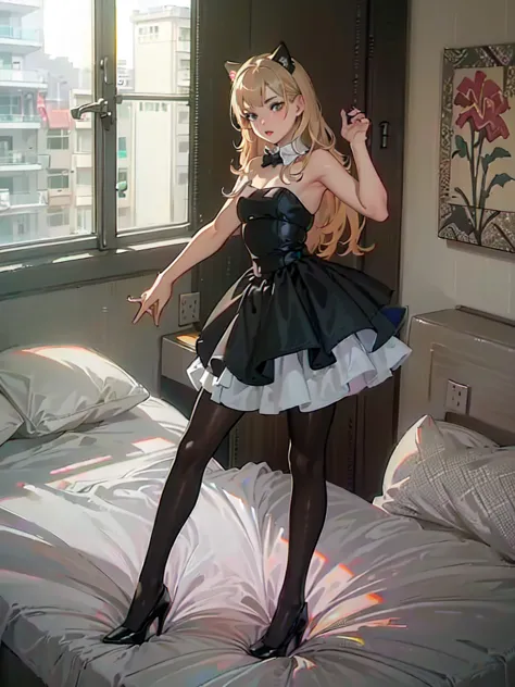 sexy secretary, (cat ear), (((heels on bed))), (((girl wear high heels and standing on bed))),  (10cm pointy heels, pointy head heels), (best quality:1.4), (ultra highres:1.2), (photorealistic:1.4), (8k, RAW photo:1.2), (((stepping on magazines))),  a pair...