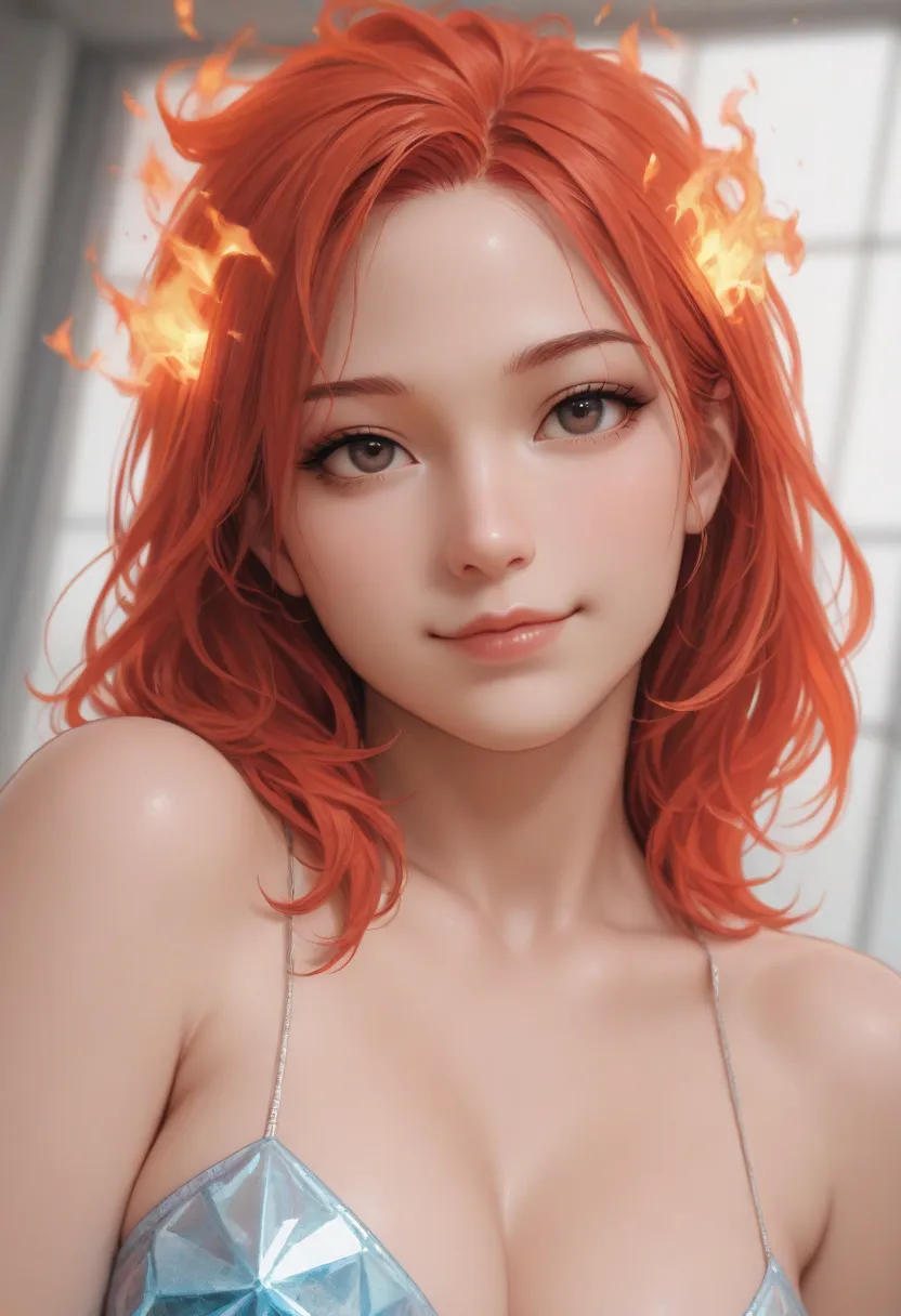 score_9, score_8_up, score_7_up, Western Comics, Portrait, girl, cute, seductive, innocent, light smile:0.3, plump lips, slender body, fire and ice, flaming hair, wild hair, in ice dress, Volcano Background, depth of field, dynamic angle, fashion photograp...