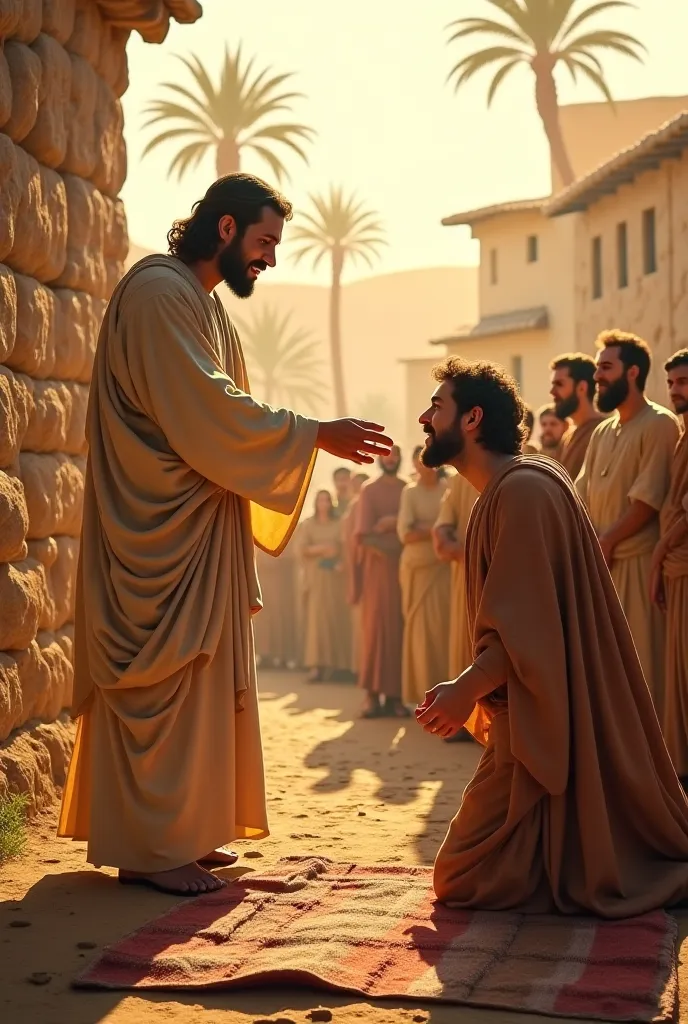 **Prompt:** *"Jesus Christ healing a paralyzed man in an ancient biblical setting. Jesus, dressed in a simple robe, stands with one hand extended toward the man, while a soft, divine light emanates from him. The paralyzed man, previously lying on a mat, be...