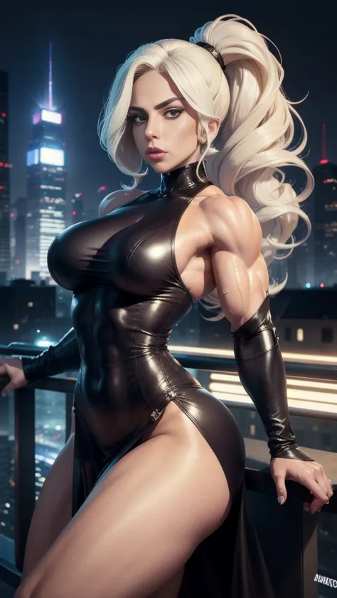 Lady Gaga, massive muscles, massive biceps, powerful legs, strong abs, night city background, tight dress