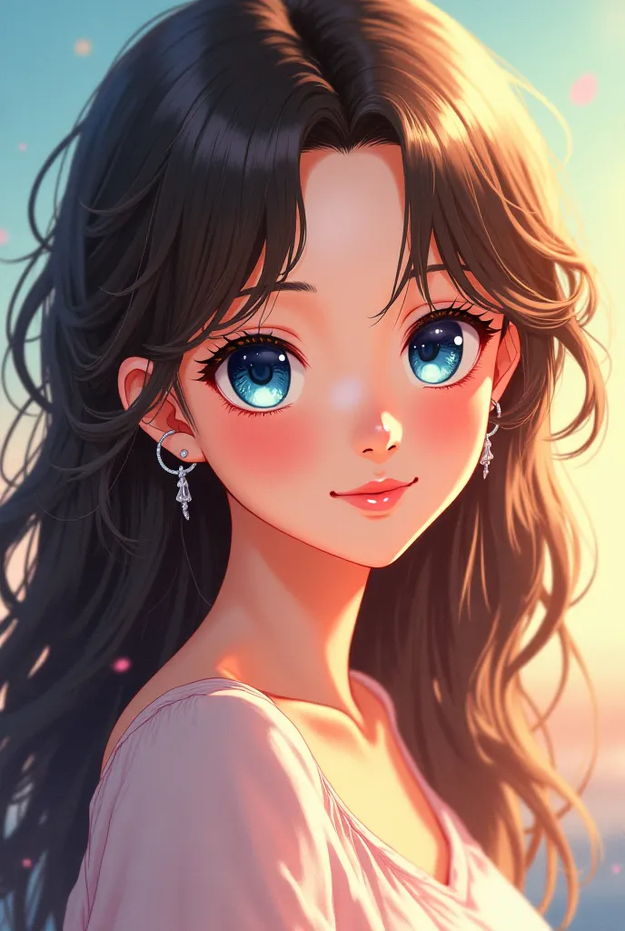 Anime girl with very long brown hair and blue eyes with a sweet smile