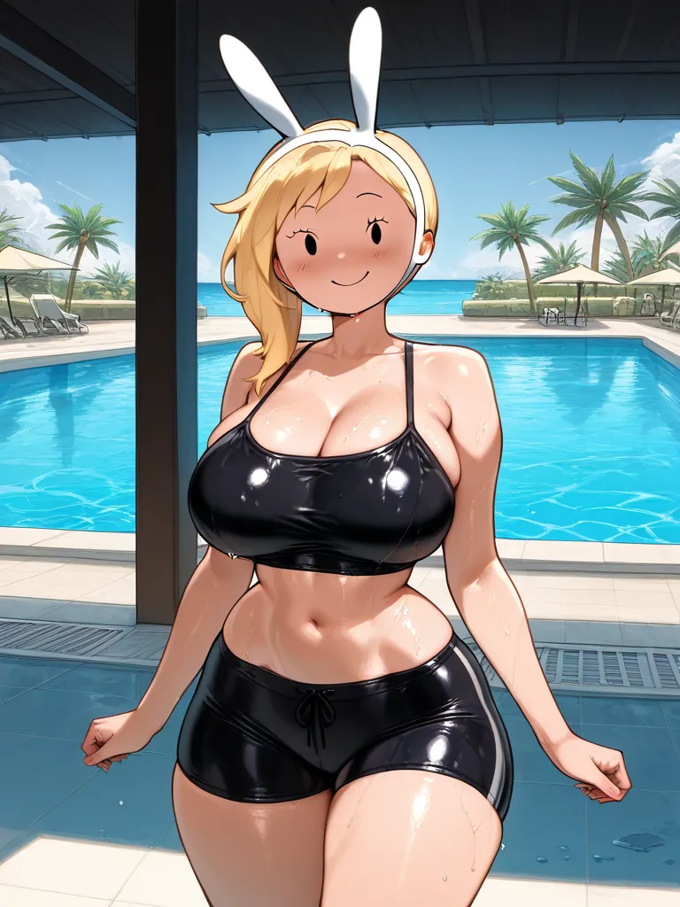 ( Masterpiece),  top quality,  expressive eyes,  Perfect Face, 1 girl, fionna, big breasts, wide hips,  thin waist, (  Sexy girl),black crop top, spandex shorts, With ribbon, , salon, Heeled Sandals,  good_feet, blanking,smile,Swimsuit model, standing, fee...