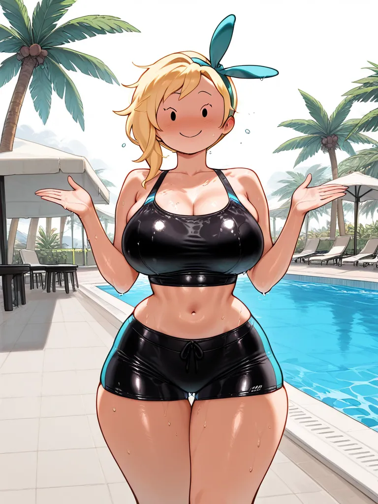 ( Masterpiece),  top quality,  expressive eyes,  Perfect Face, 1 girl, fionna, big breasts, wide hips,  thin waist, (  Sexy girl),black crop top, spandex shorts, With ribbon, , salon, Heeled Sandals,  good_feet, blanking,smile,Swimsuit model, standing, fee...