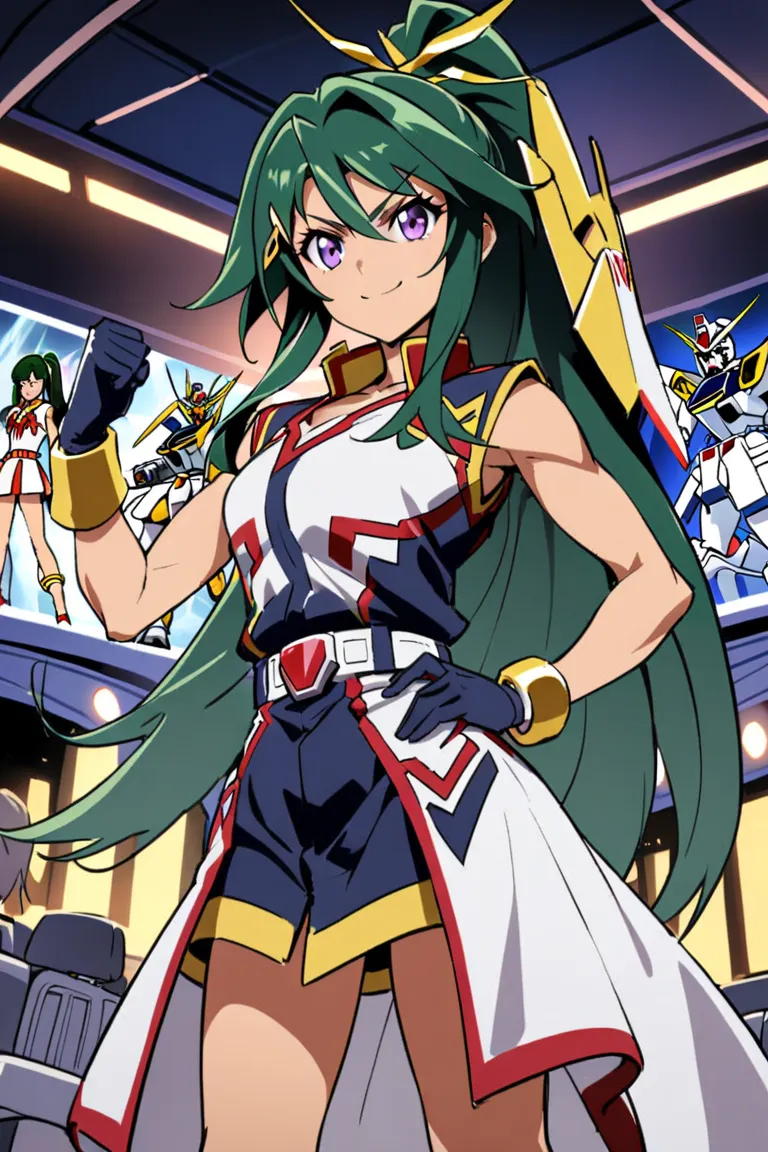    in the seat, alone,Strong Will ,  dark green hair , Long back hair,   Hold your right hand tightly ,   your hair bounces off   ,  sleeveless,    long hair, chest,handless  gloves  ,smile,Winning Spirit,  far over age ,Gundam,Yu-Gi-Oh!!!!,  Pretty Cure, ...