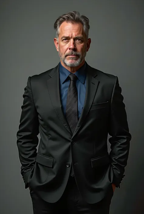 Man standing in black suit with navy blue undershirt and black tie 
